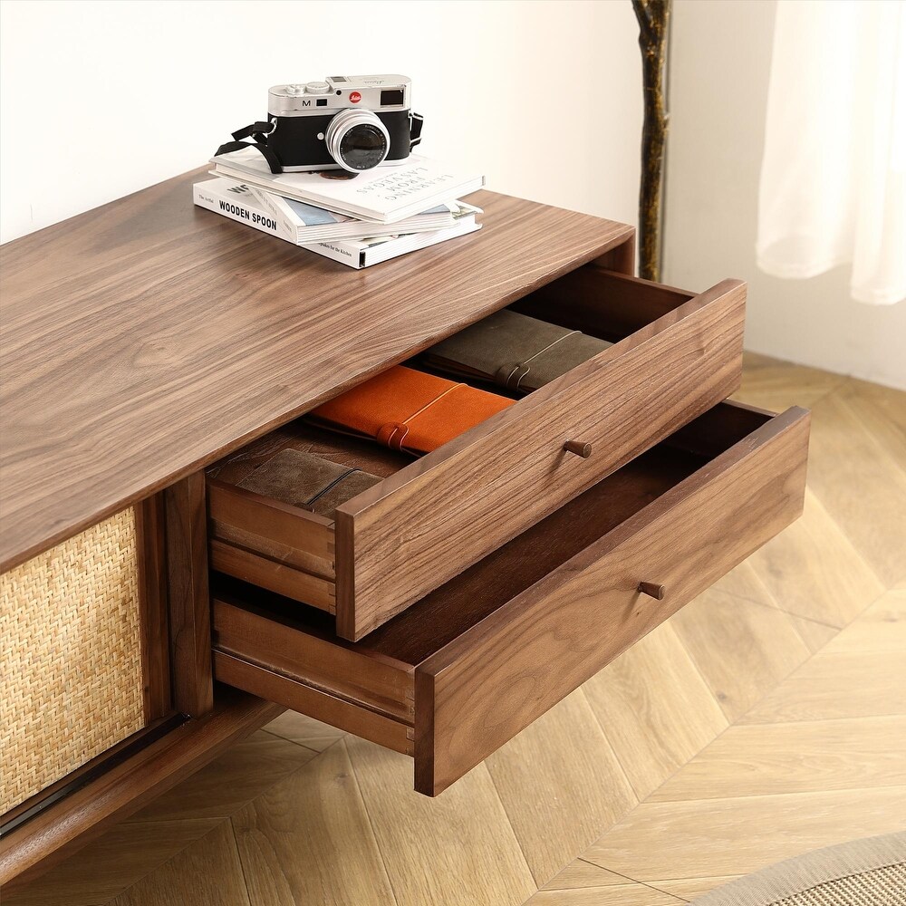 Black Walnut Rattan TV Stand   Perfect for Living Rooms  Bedrooms  and Offices.Sideboard Buffet Cabinet 68.90inch