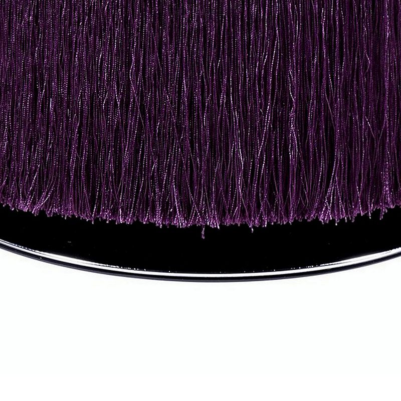 Fabric Upholstered Round Ottoman with Fringes and Metal Base， Purple