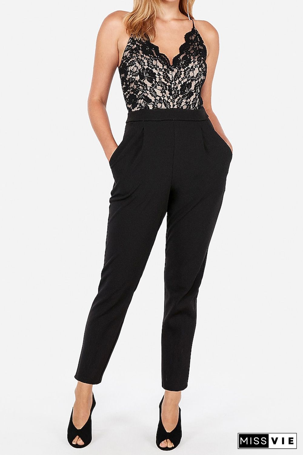 Black Spaghetti Straps Lace Bodice High Waist Jumpsuit