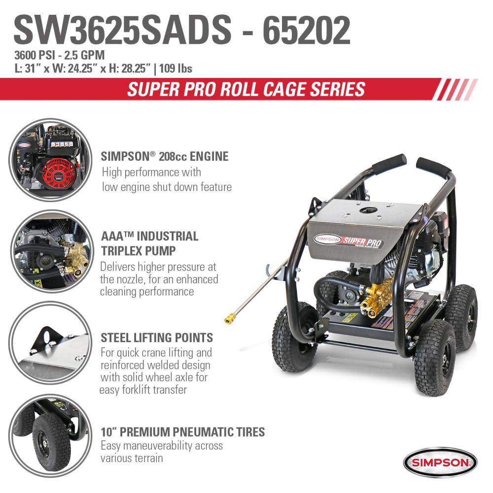 Simpson SuperPro Roll Cage Cold Water Professional Gas Pressure Washer 3600 PSI ;