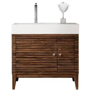 James Martin Vanities Linear 35.5 in. W x 19 in.D x 34.5 in.H Single Bath Vanity in Mid Century Walnut with Solid Surface Top in Glossy White 210-V36-WLT-GW