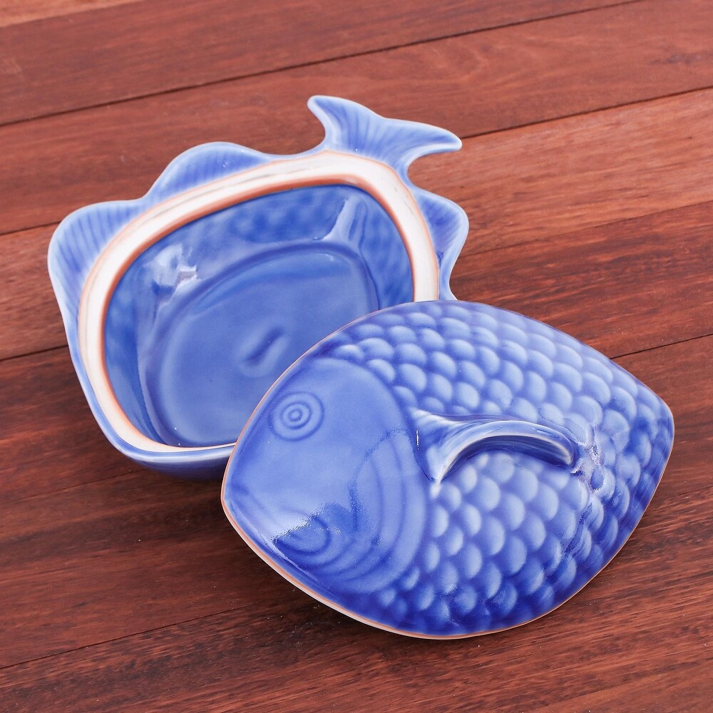 Novica Handmade Fish Dish In Blue Celadon Ceramic Lidded Bowl