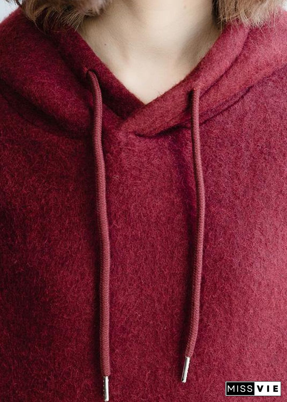 Cozy burgundy knit blouse wild plus size clothing hooded knitted blouse