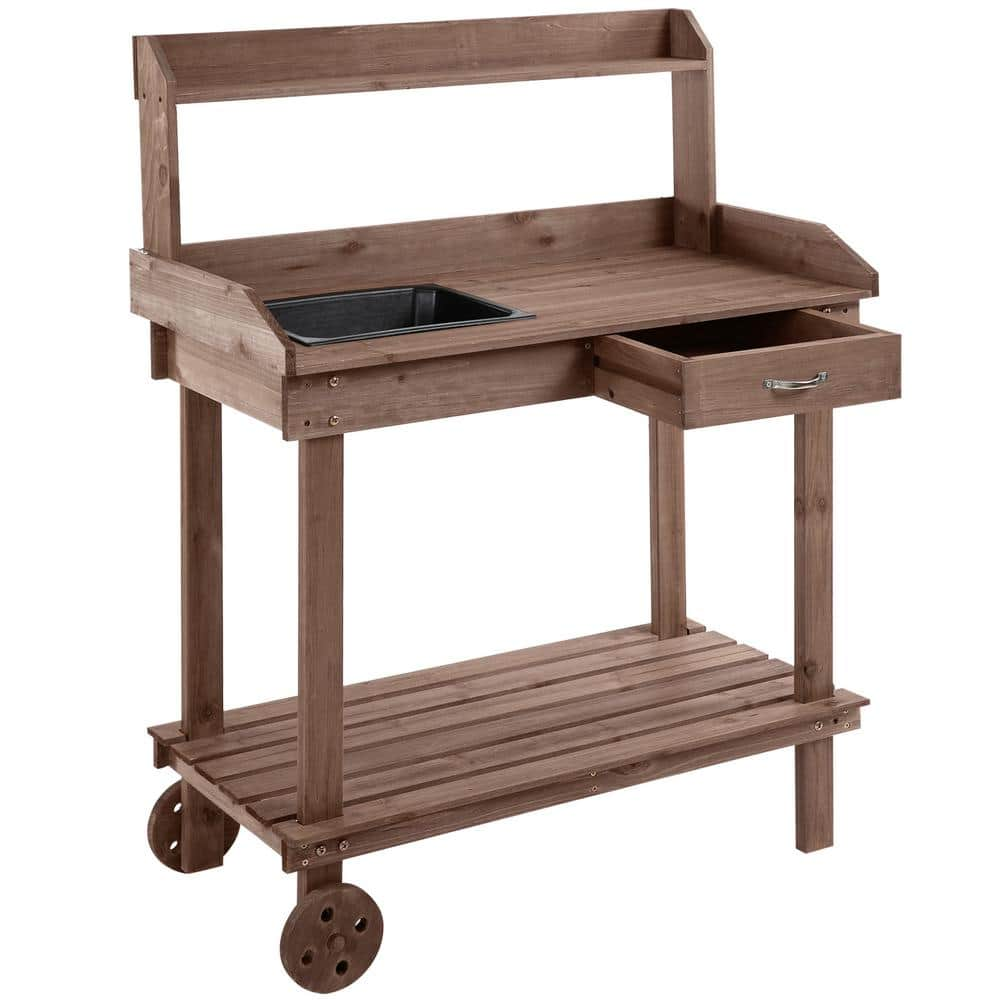 Zeus  Ruta 36.25 in. W x 46.75 in. H Brown Outdoor Garden Potting Bench Table Work with 2 Removable Wheels Sink and Drawer YJ-132