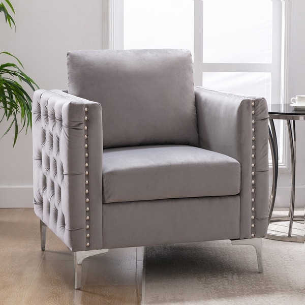 Velvet Accent Club Chair， Upholstered Tufted Button Single Sofa Chair， with Silver Metal Legs， Modern Armchair for Living Room