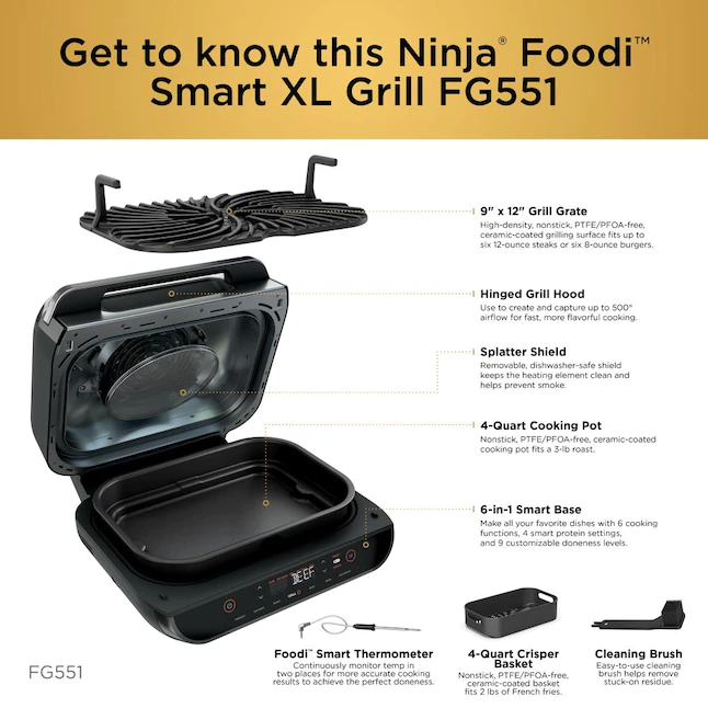 Ninja FG551 Foodi Smart XL 6-in-1 Indoor Grill with Air Fry， Roast， Bake， Broil and Dehydrate， Smart Thermometer， Black/Silver