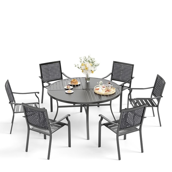 7Piece Patio Dining Set ，Large Round Dining Table with Umbrella Hole and Metal Swivel Dining Chairs