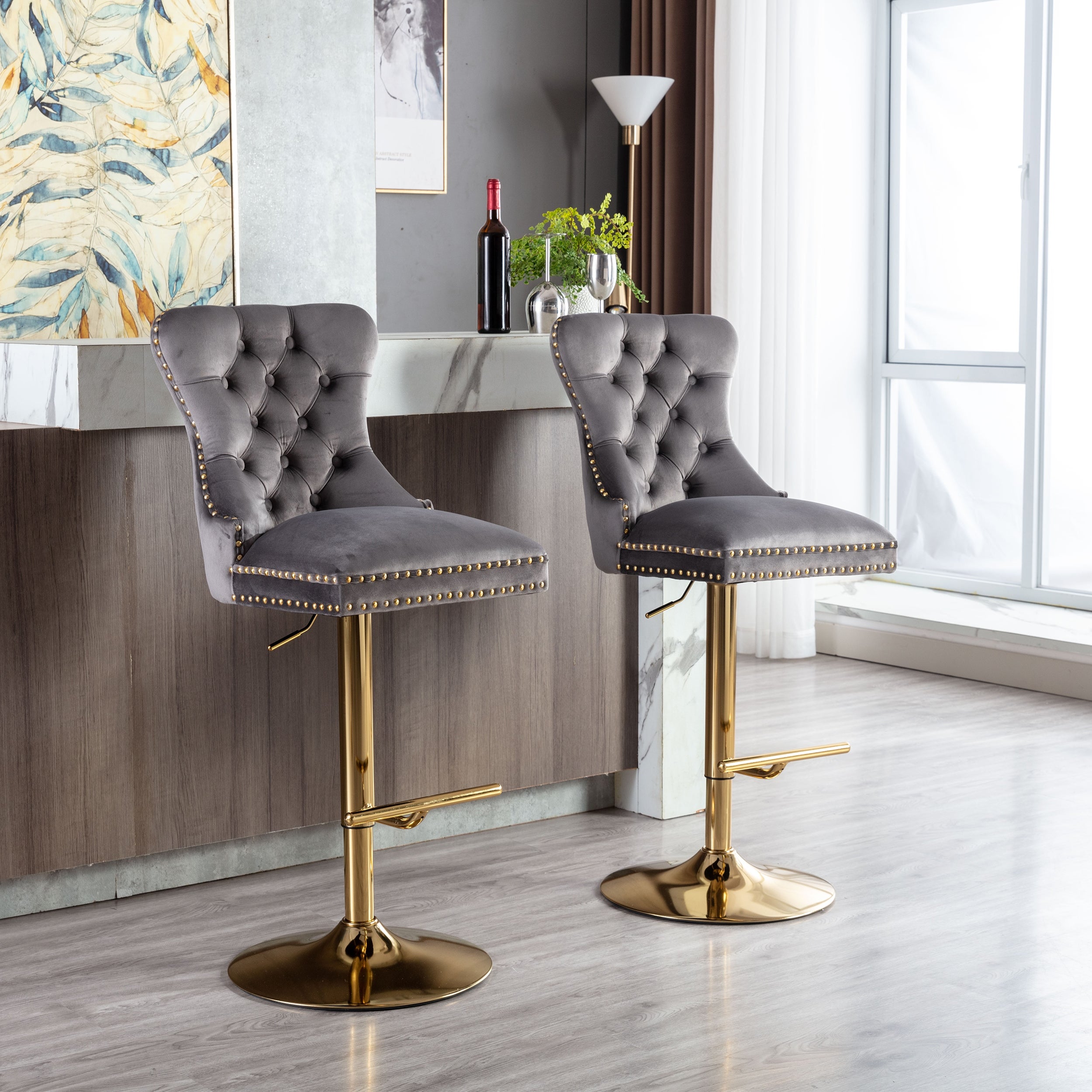 Swivel Bar Stools Chair Set of 2 Modern Adjustable Counter Height Bar Stools， Velvet Upholstered Stool