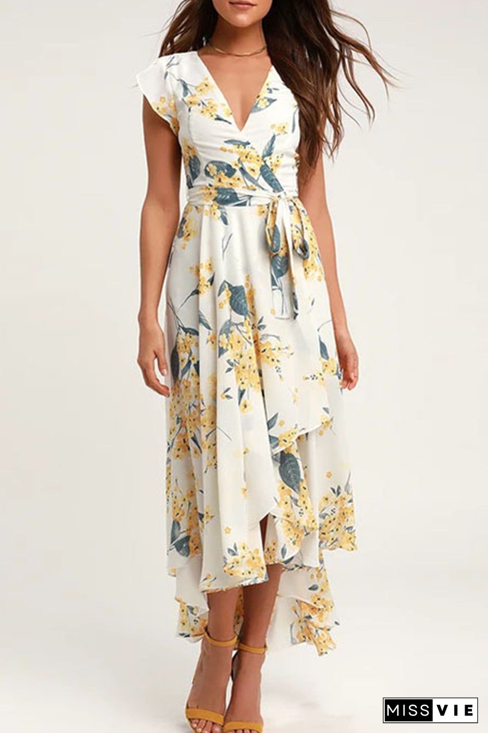 Elegant Floral Frenulum With Belt Irregular Dress Dresses