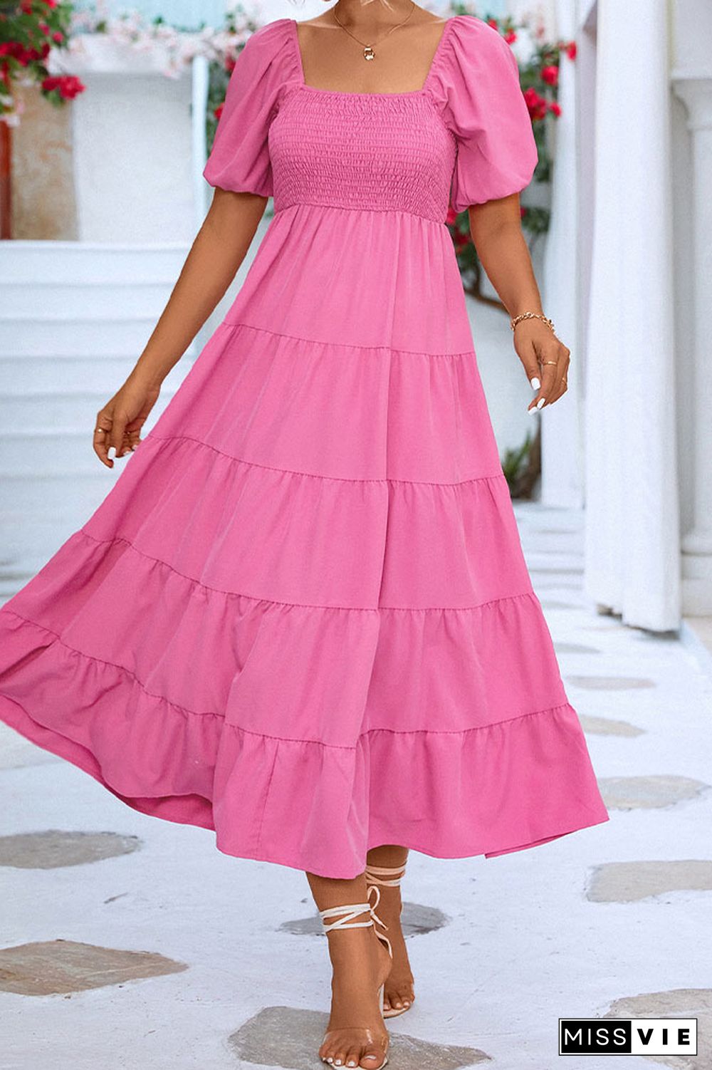 Puff Sleeves Square Neck Splicing Ruffle Long Dress