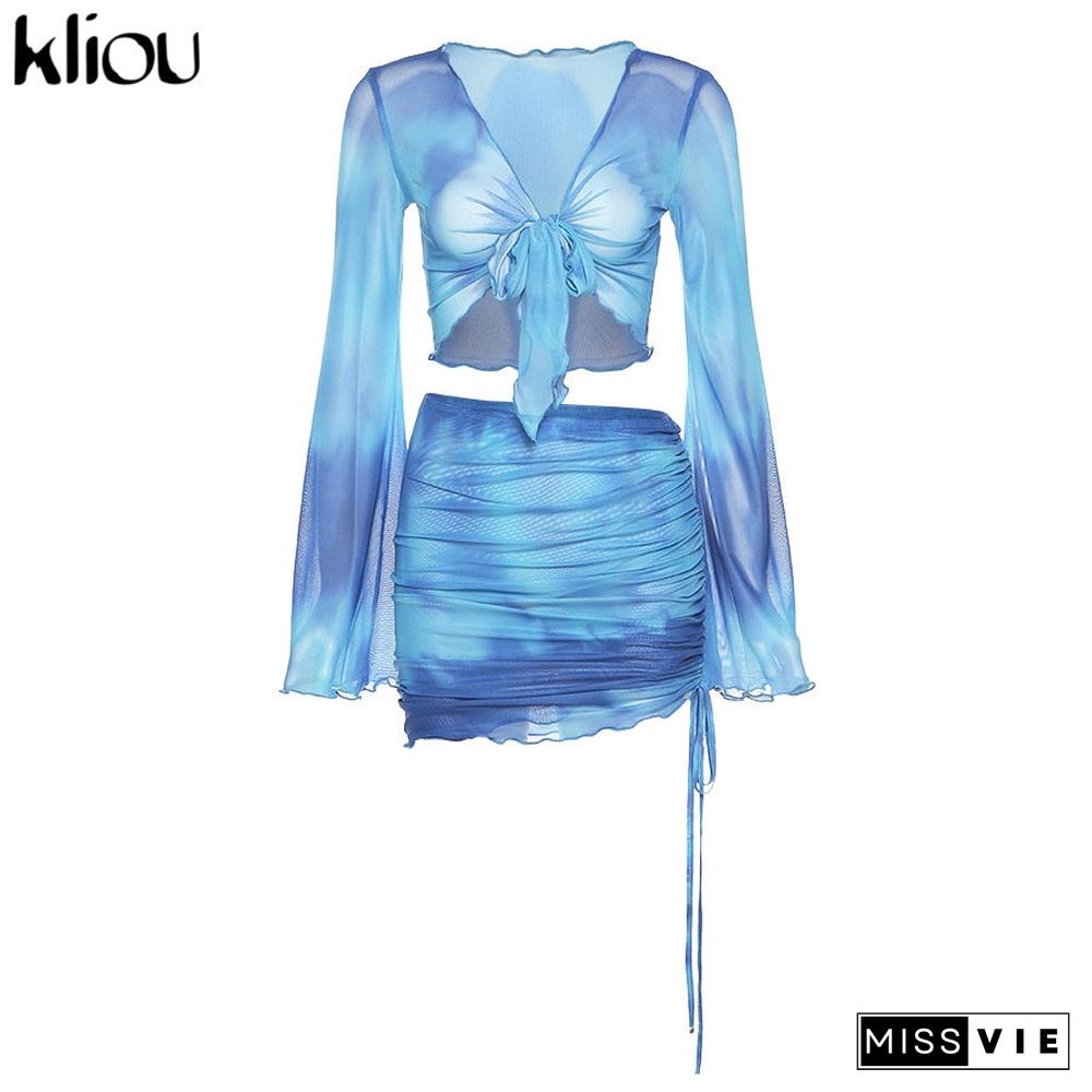 Kliou Printed Mesh Tie Up Top+Skirt Matching Sets Flare Long Sleeve Holiday Club Outfit For Women Casual Drawstring 2 Piece Set