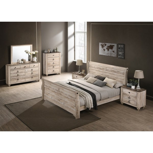 Roundhill Furniture Imerland Contemporary White Wash Finish Bedroom Set with Sleigh Bed， Dresser， Mirror， Two Nightstands， Chest - - 32524446