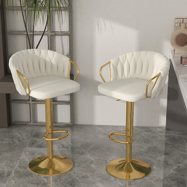 Set of 2 Bar Stool Adjustable Height Swivel Velvet Woven