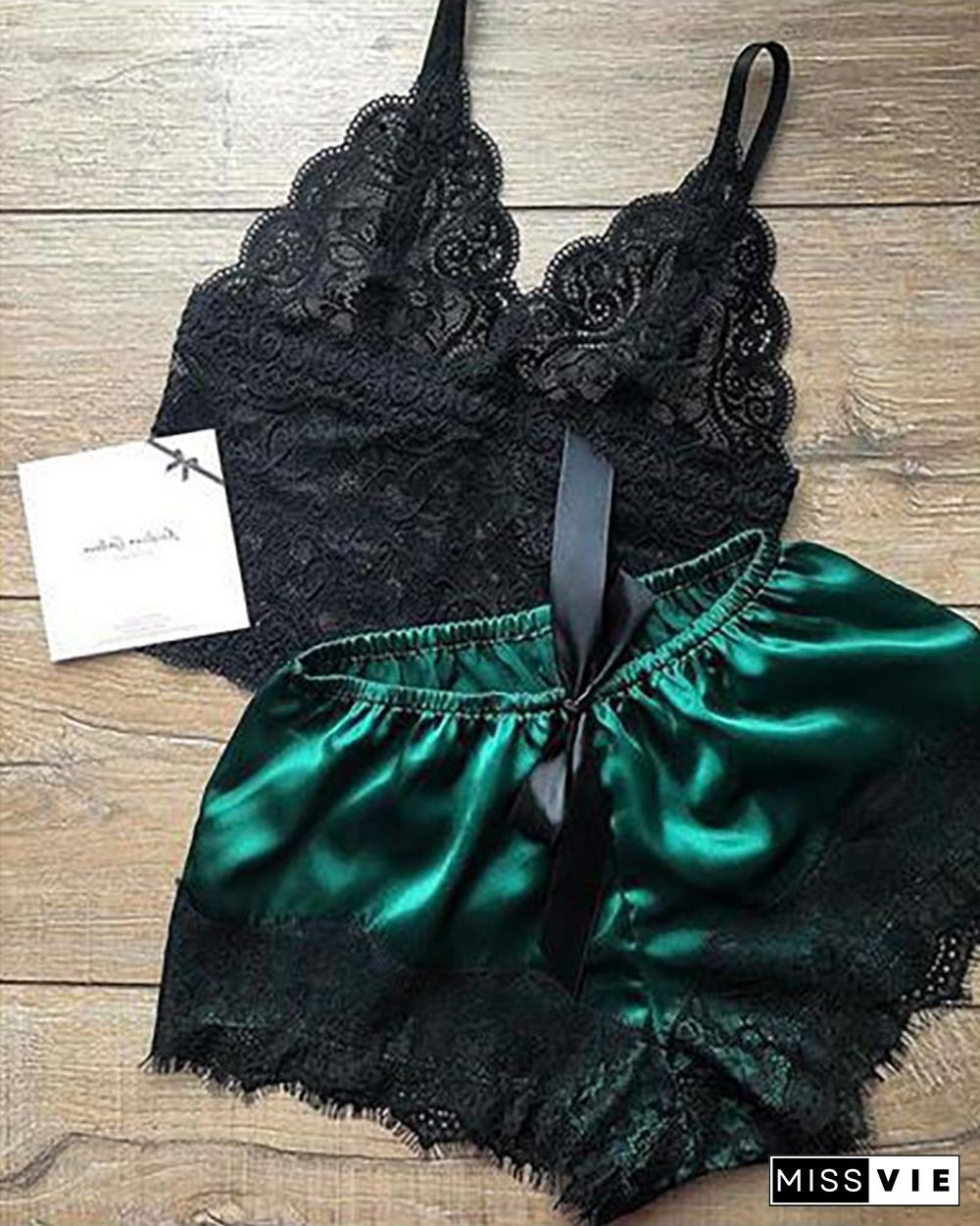 Eyelash Crochet Lace Satin Bowknot Cami Set