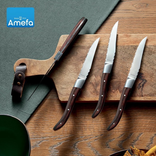 Amefa Royal Steak Knives Set Of 6 Hardened Stainless Steel Triple Rivet Pakka Wood Ergonomic Handle Design Serrated Edge 4 Inch Blade Steak Knife