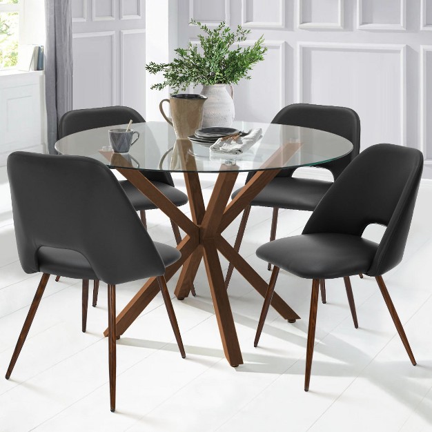 Oliver edwin 5 piece Round Clear Glass Dining Table Set With 4 Faux Leather Chairs Walnut Legs the Pop Maison