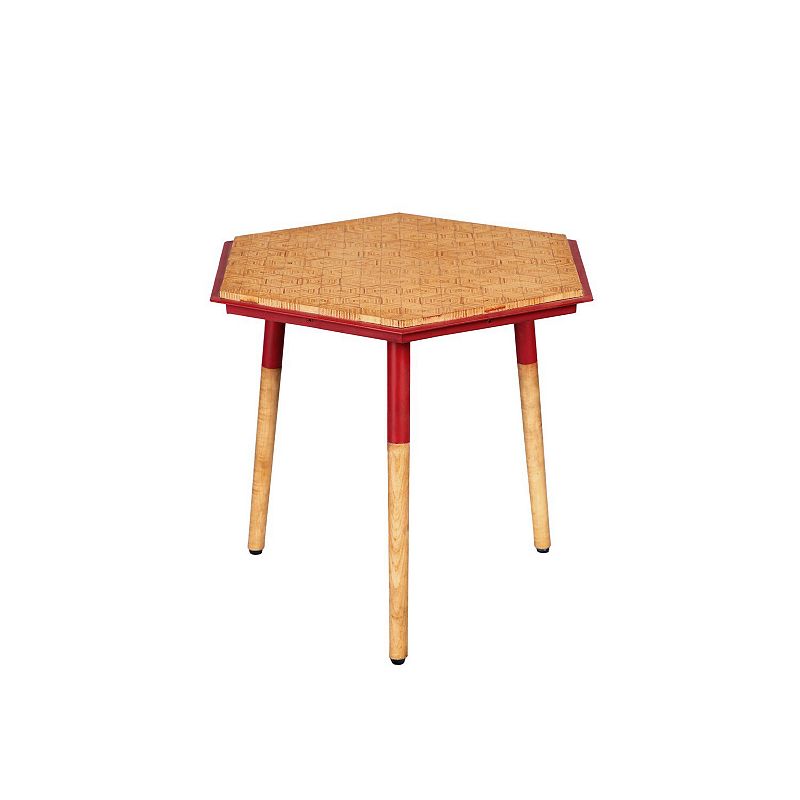 Paige 18 Inch Hexagon Illusion Wood Side Table， Brown， Red