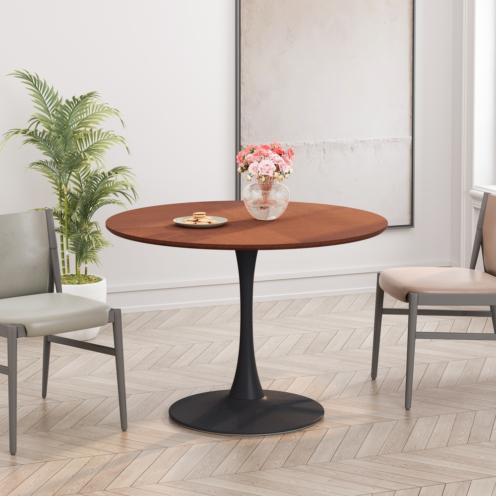 Modern Round Dining Table with Wood Table Top and Metal Base