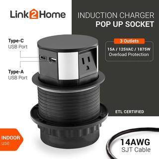 Link2Home 10-Watt Space Saver Pop Up-Outlet Fast Induction Charger with Type-C USB 3-Outlets 2 USB Ports Surge Protection EM-PU-150E