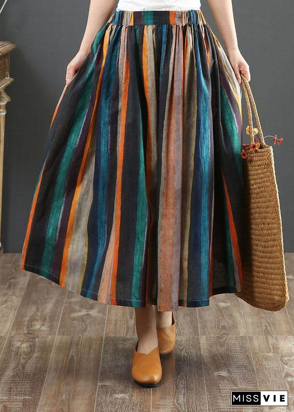 Women Striped A Line Retro Print Skirts Linen