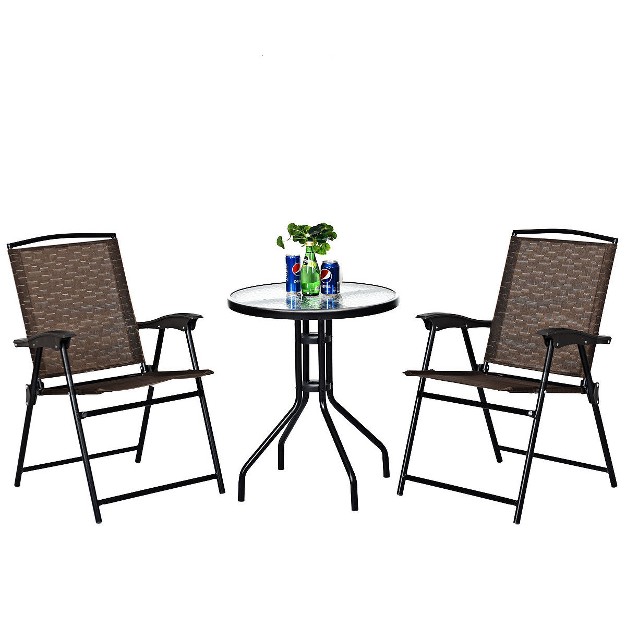 Costway 3pc Bistro Patio Garden Furniture Set 2 Folding Chairs Glass Table Top Steel