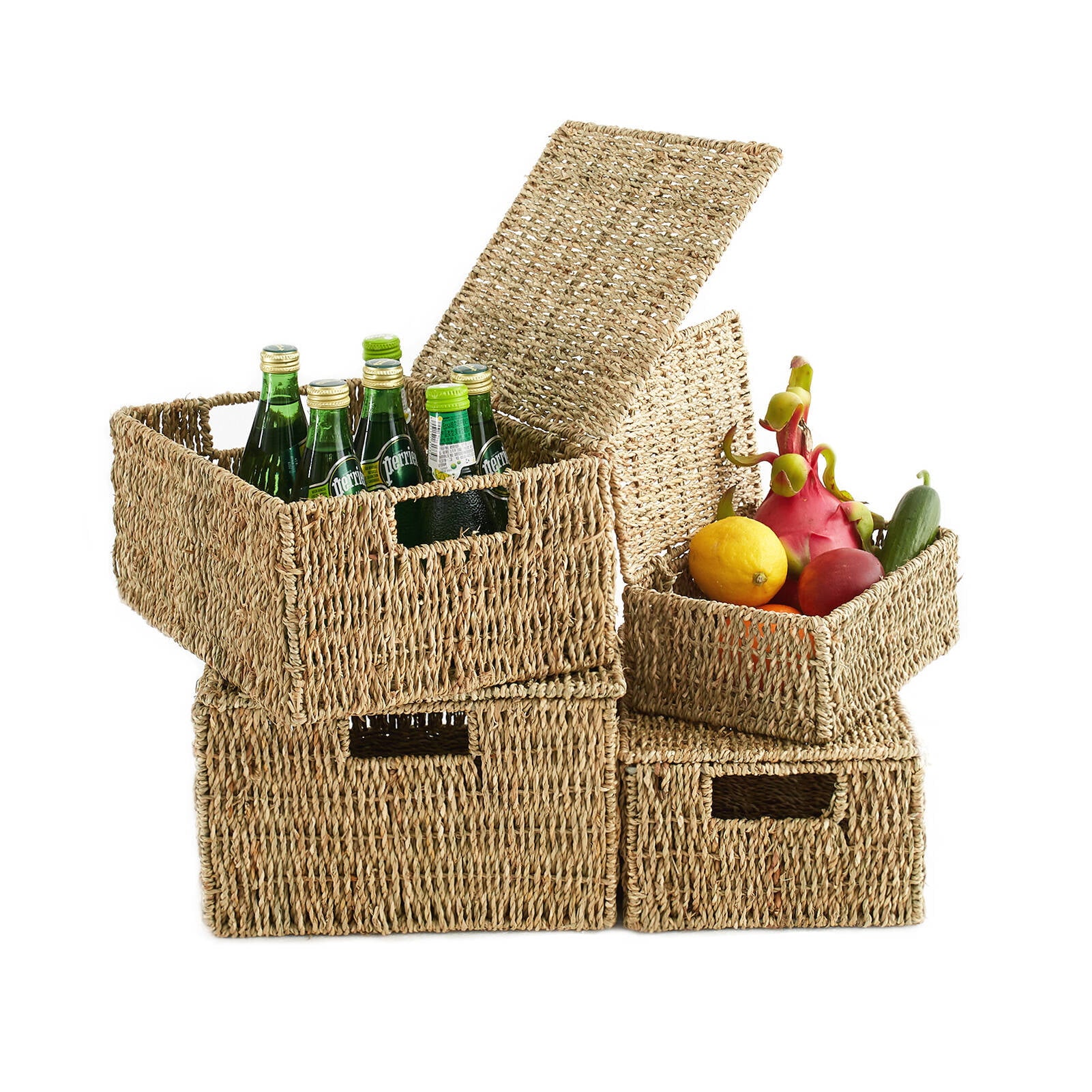 Seagrass Baskets Lids Set of 4 Rectangular Wicker Basket With Lid Woven Grass Storage Multipurpose Stackable Baskets for Shelf,Bedroom,Kitchen,Pantry