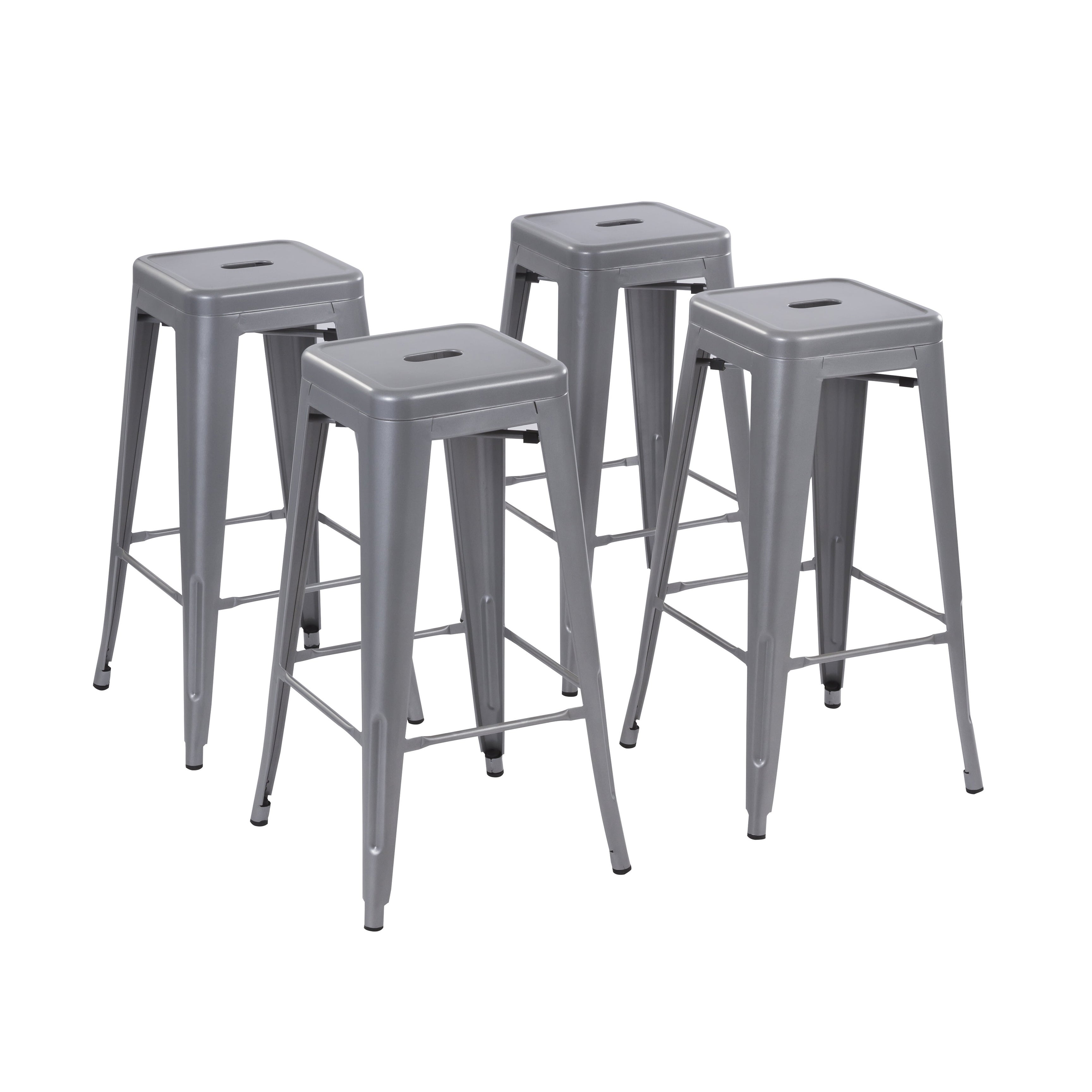 30Inch Metal Barstool， Set of 4， Silver Color， Backless， Seat Height 30 Inch，