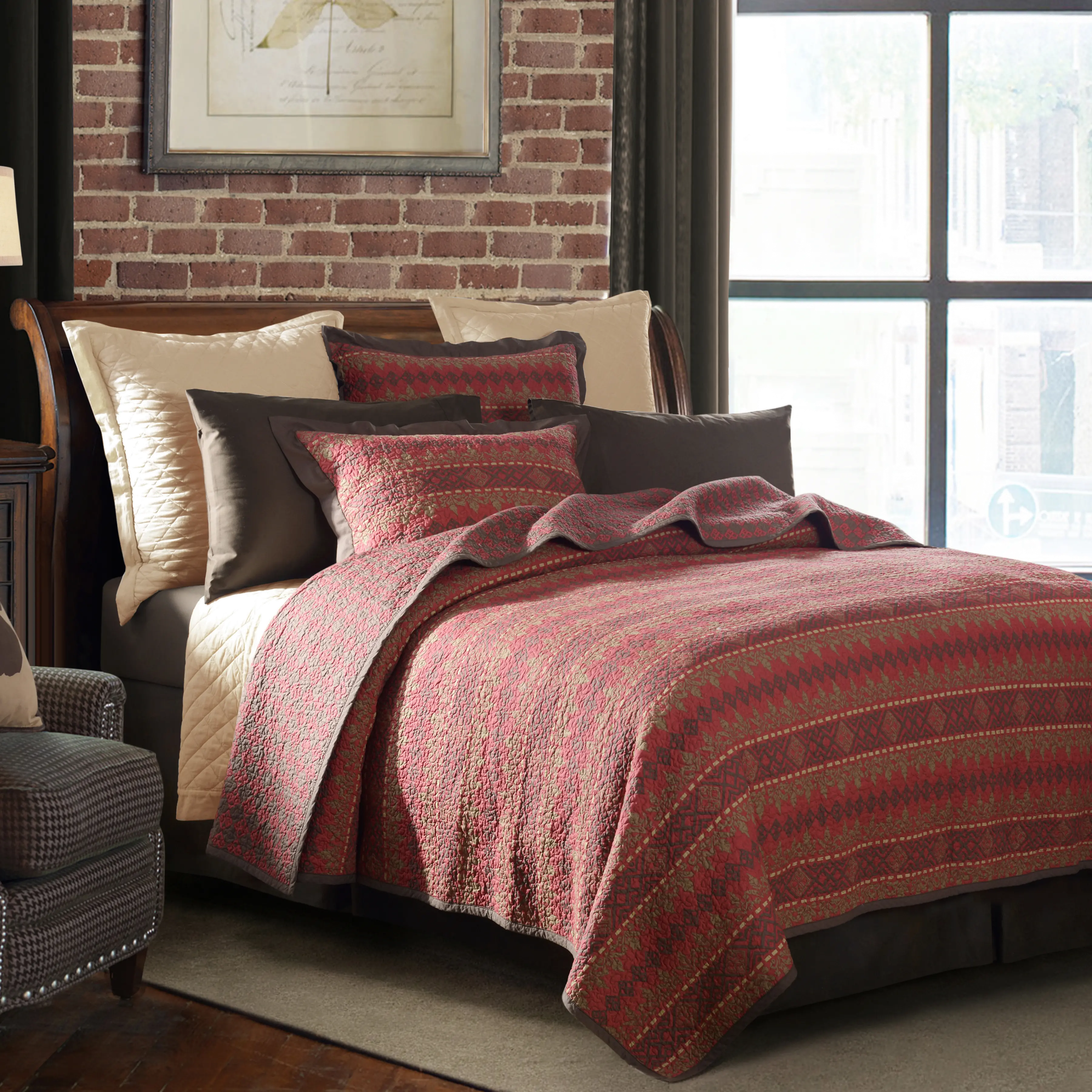 Soft Red and Chocolate Tones Rushmore Full-Queen Bedding Collection