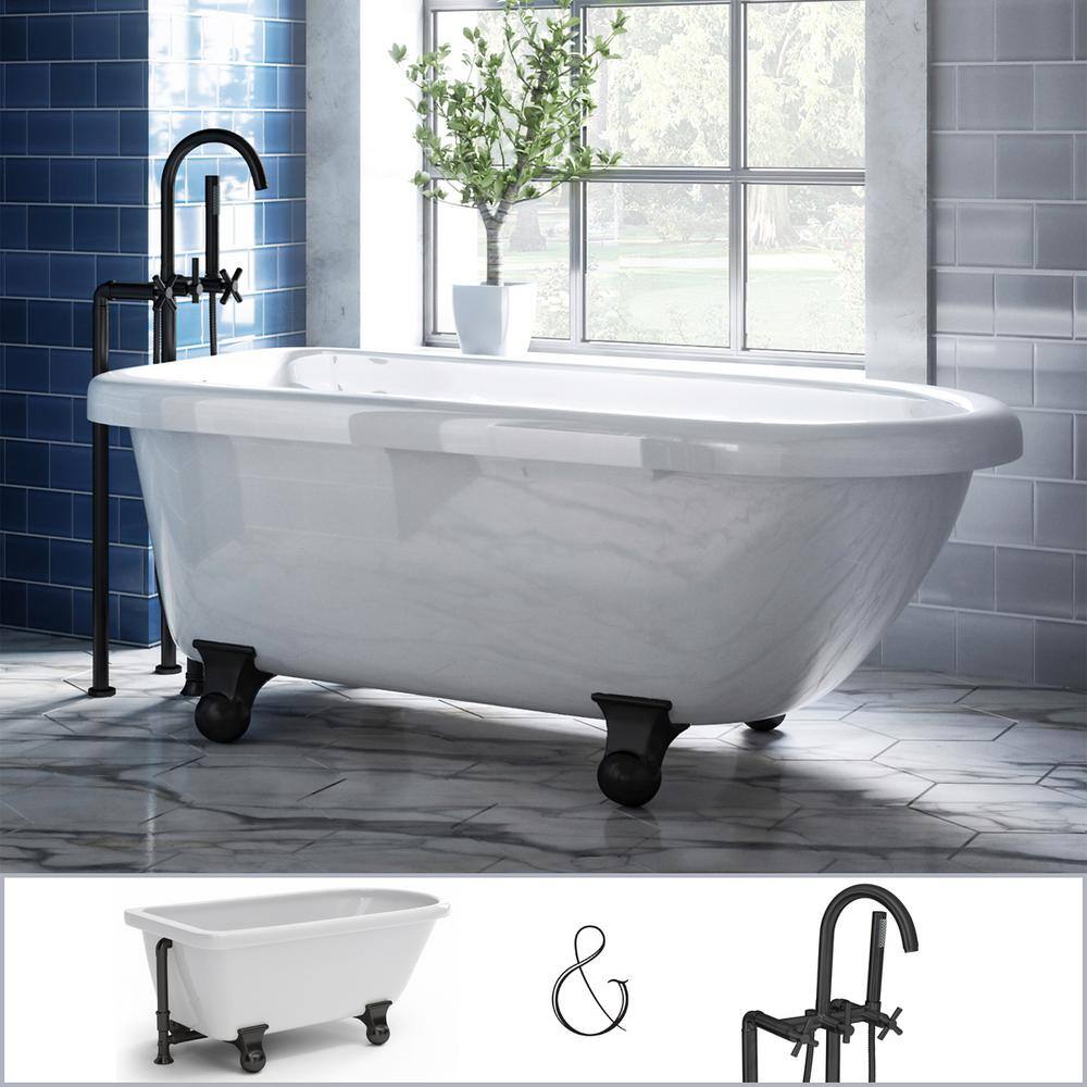 PELHAM  WHITE Highview 54 in. Acrylic Clawfoot Bathtub in White Cannonball Feet Floor-Mount Faucet Drain in Matte Black PW9562017X-MB