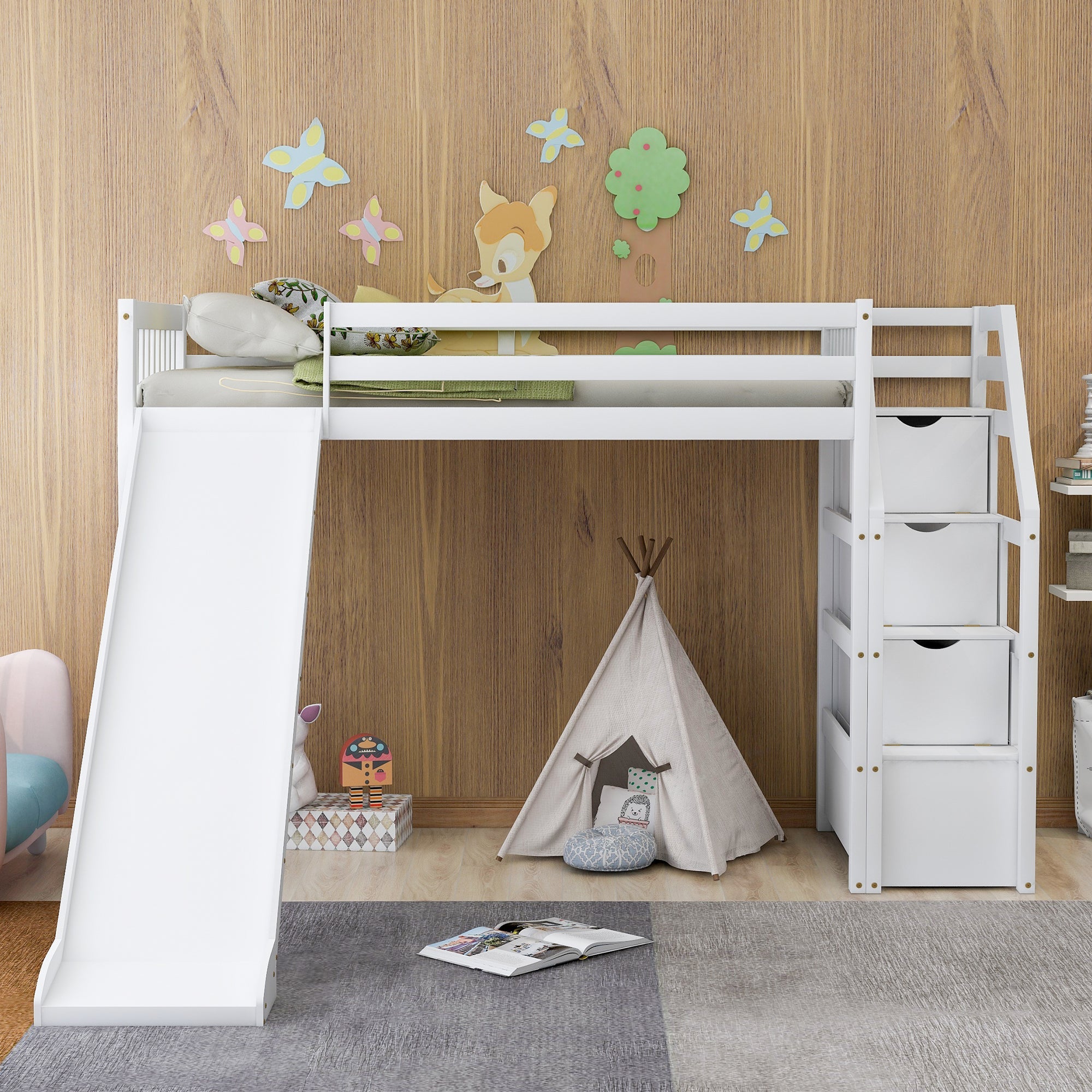 Euroco Wood Twin Size Loft Bed with Slide and Drawers for Child, White