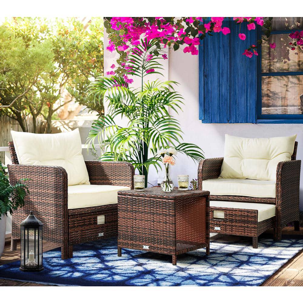 PamaPic 5Piece Wicker Patio Furniture Set Outdoor Patio Chairs with Ottomans Beige