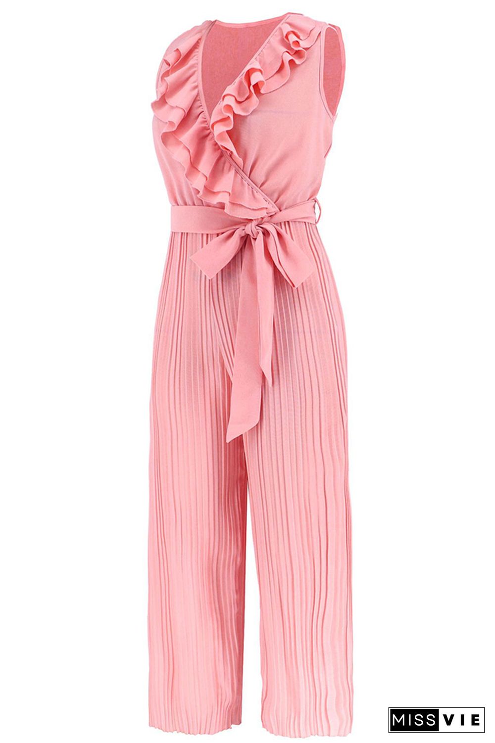 V Neck Ruffles Pleated Sleeveless Jumpsuit