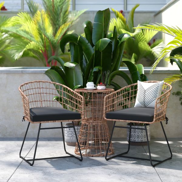 Devon 3-Piece Natural Patio Bistro Set， Indoor/Outdoor Rattan Rope Chairs， Acacia Wood Top Table and Black Seat Cushions