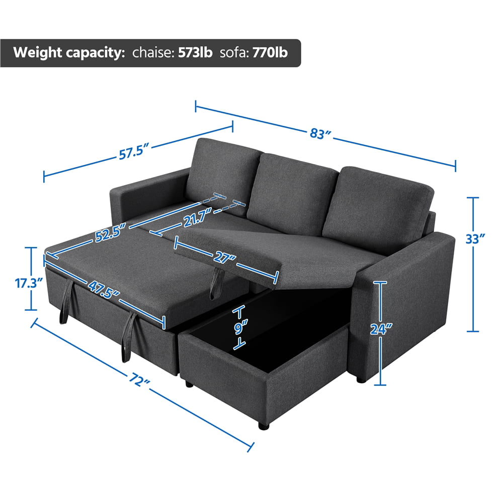 Yaheetech L-Shaped Reversible Sofa with Pull Out Bed & Storage For Limited Spaces, Dark Gray