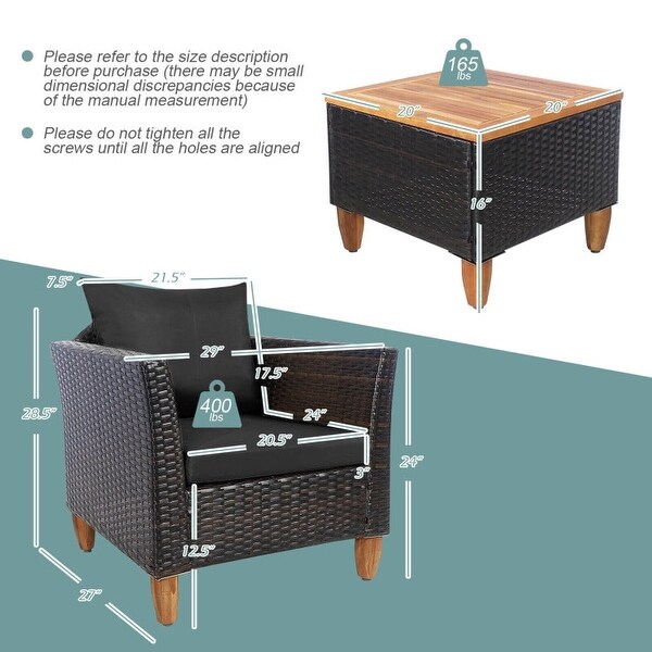 3 Pieces Patio Rattan Bistro Furniture Set with Wooden Table Top