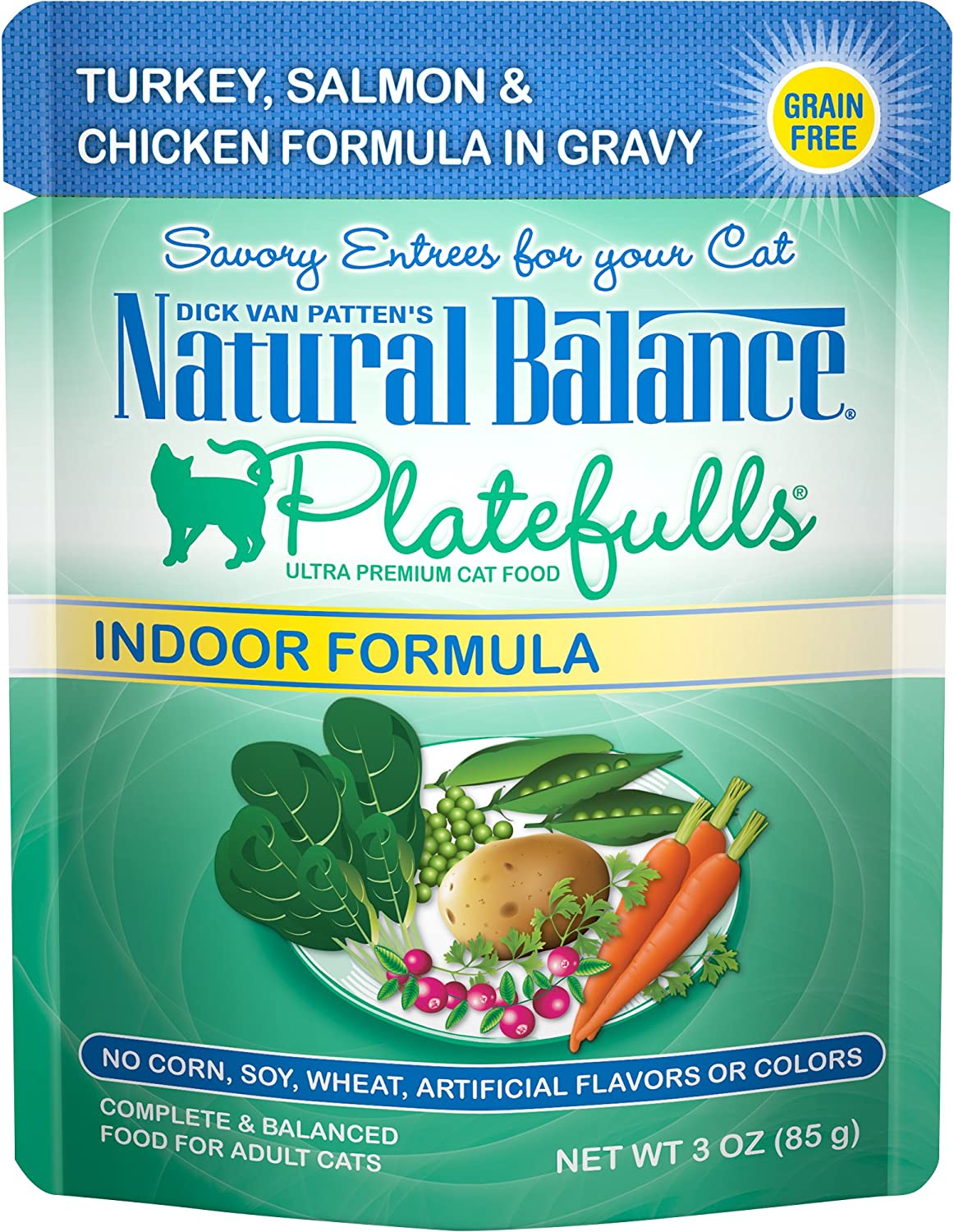 Natural Balance Platefulls Indoor Formula Turkey Salmon and Chicken in Gravy Grain-Free Cat Food Pouches 3-oz pouch case of 24