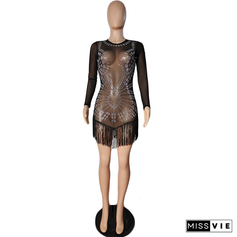 Sheer Mesh Hot Drill Long Sleeve Tassels Party Dress