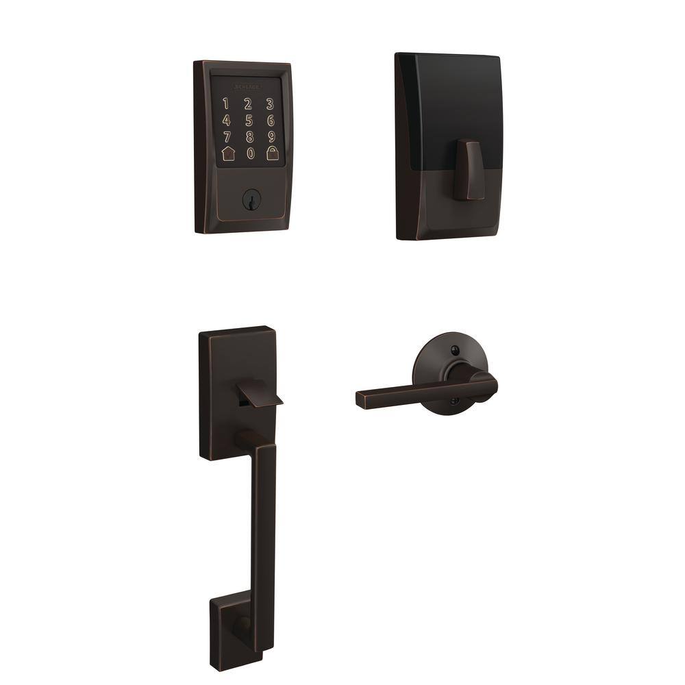 Schlage Century Aged Bronze Encode Smart Wi-Fi Deadbolt with Alarm and Century Handleset and Latitude Handle BE489WB CEN 716 +  FE285 CEN 716 LAT