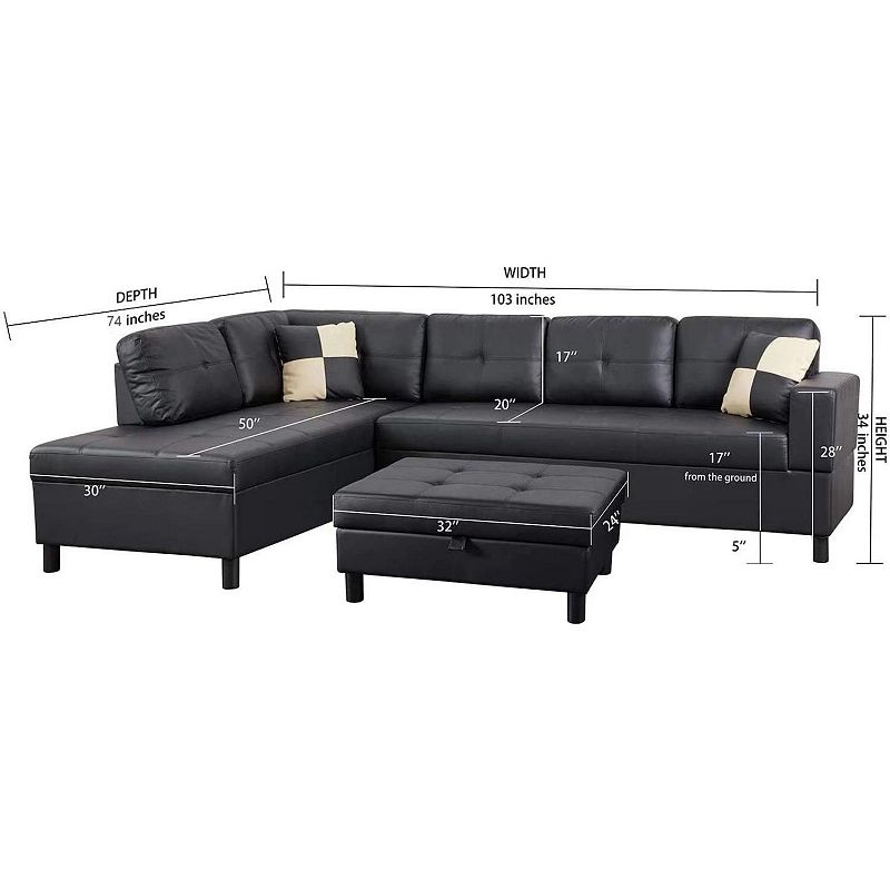 F.c Design 3 Piece Modular Sofa Set - Faux Leather Right Side Lounger With Free Storage Footrest