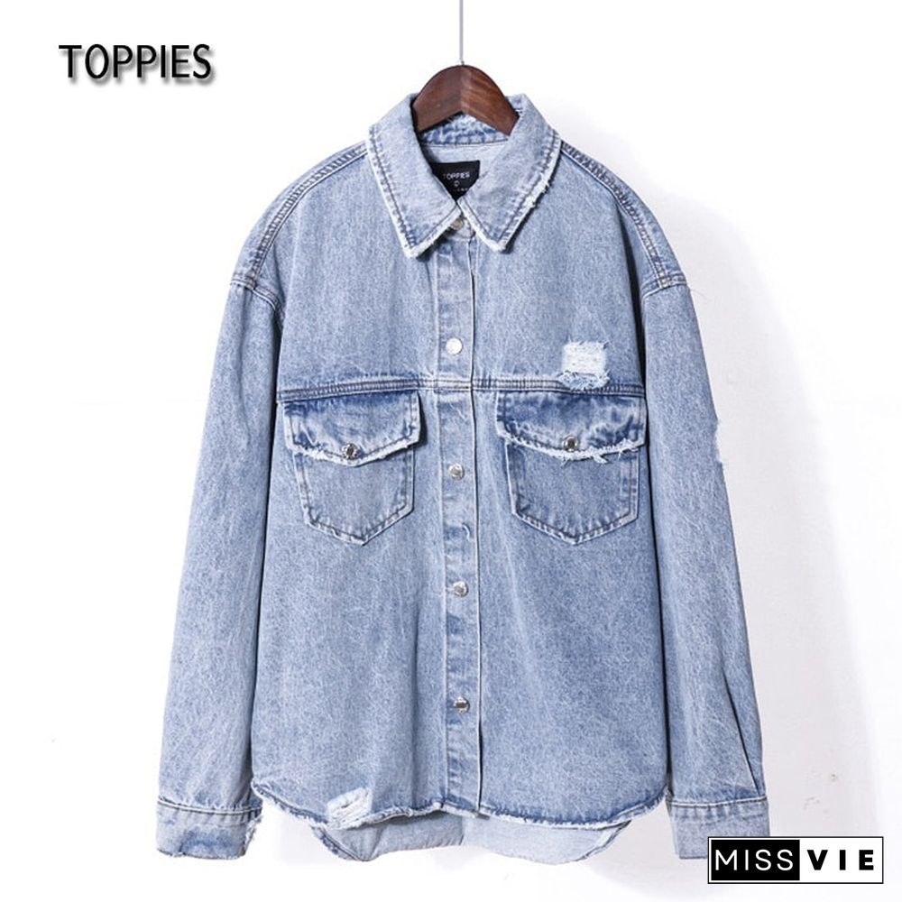 Toppies Women Denim Coat Mid-Length Ripped Loose Outdoor Fashion Women Denim Jacket