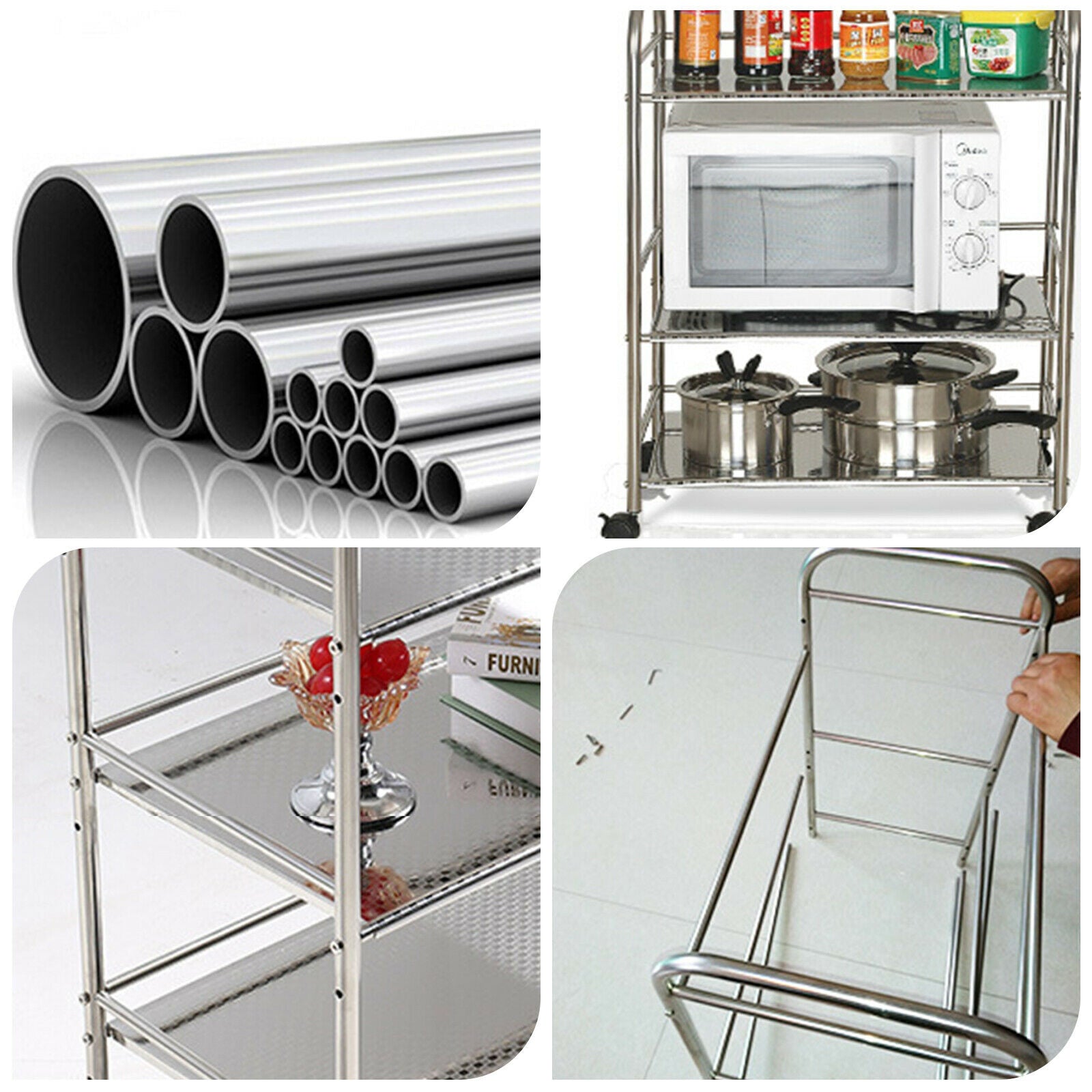 3 Tier Stainless Steel Utility Cart Multi-Purpose Cart Kitchen Island with Wheels Serving Trolley Catering Storage Shelf 3 Tier Rolling Cart with Handle Bar Serving Cart with Wheel