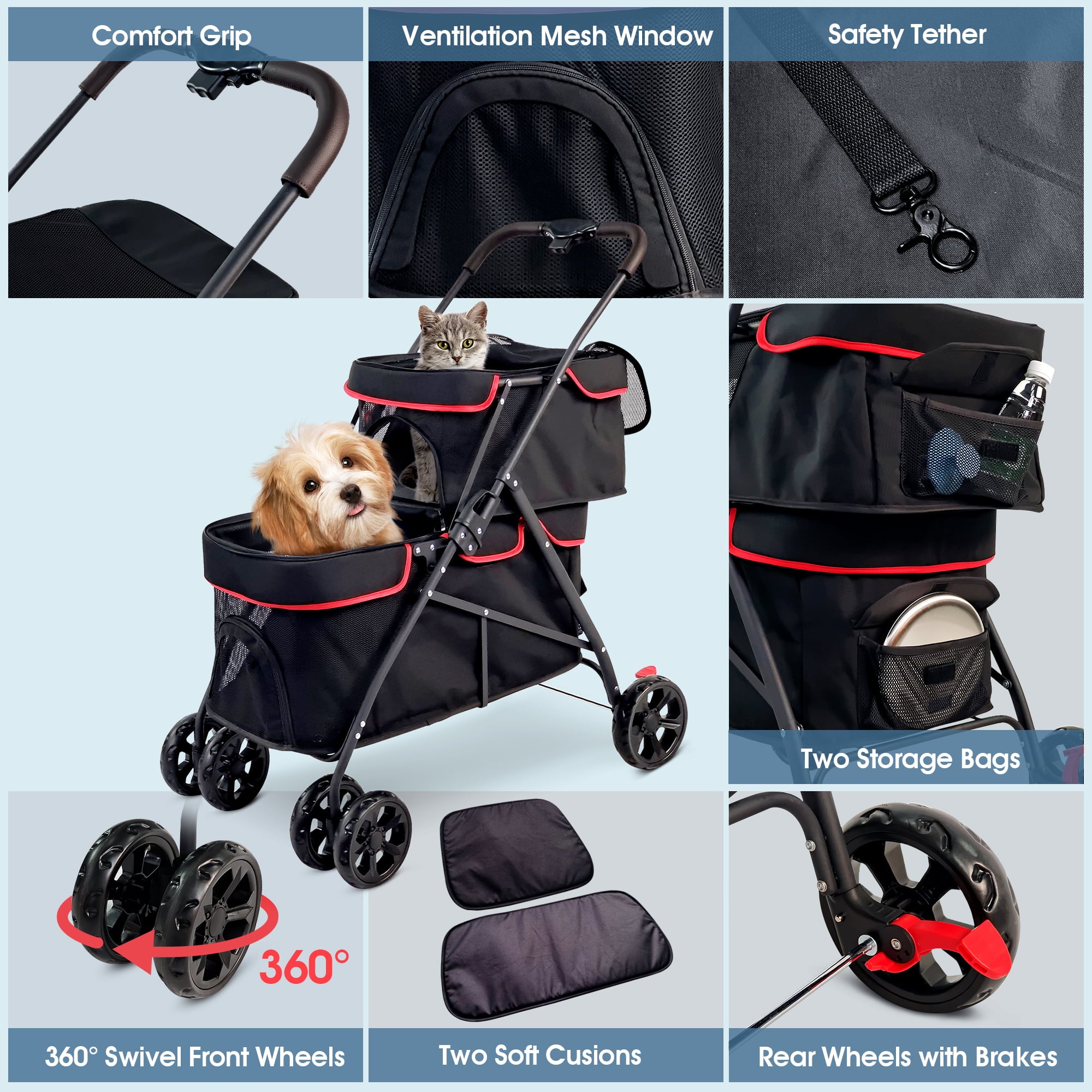 Double Decker Pet Stroller Foldable Jogger Stroller for Two Puppy  Dogs Cats