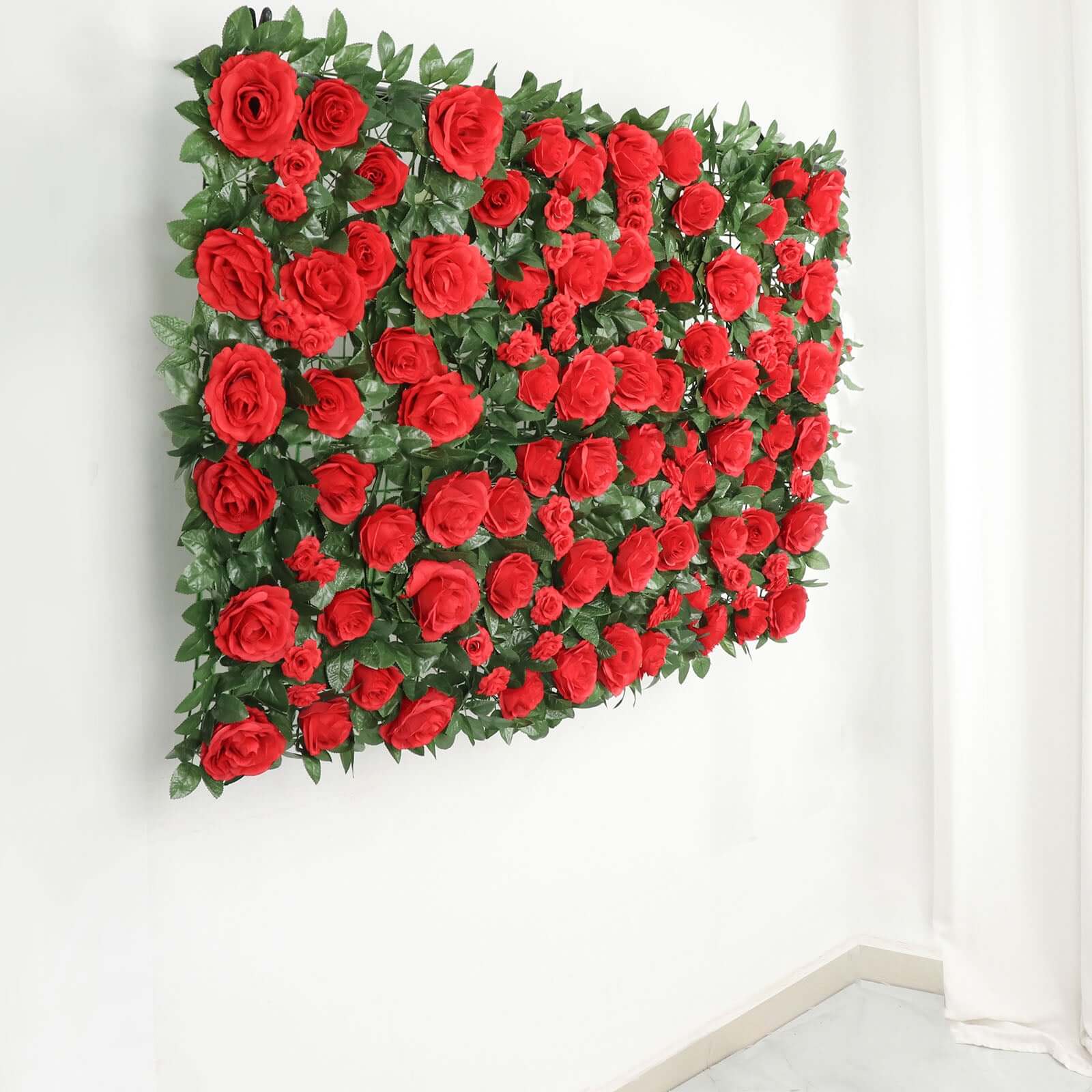 Easy-Install Red Silk Rose Flower Mat Wall Panel Backdrop 3 Sq ft.