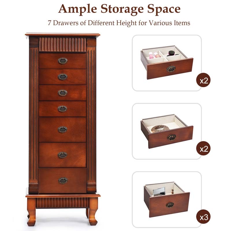 Large Capacity Standing Jewelry Armoire Cabinet Storage Chest with 7 Drawers, 2 Swing Doors & Makeup Mirror