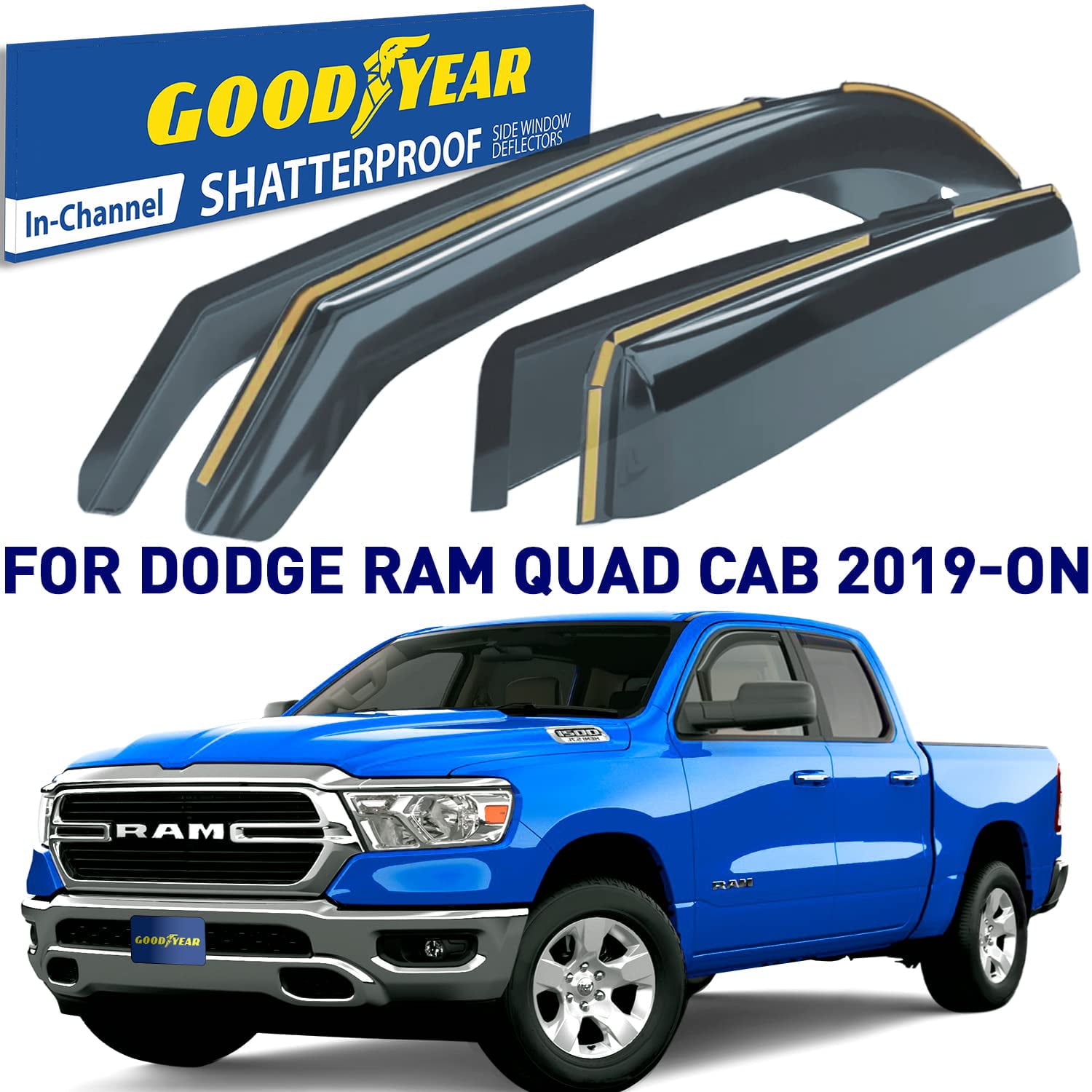 Goodyear Shatterproof in-Channel Window Deflectors for Trucks Dodge RAM 1500 2019-2023 Quad Cab， Rain Guards， Window Visors for Cars， Vent Deflector， Truck Accessories， 4 pcs- GY003414LP