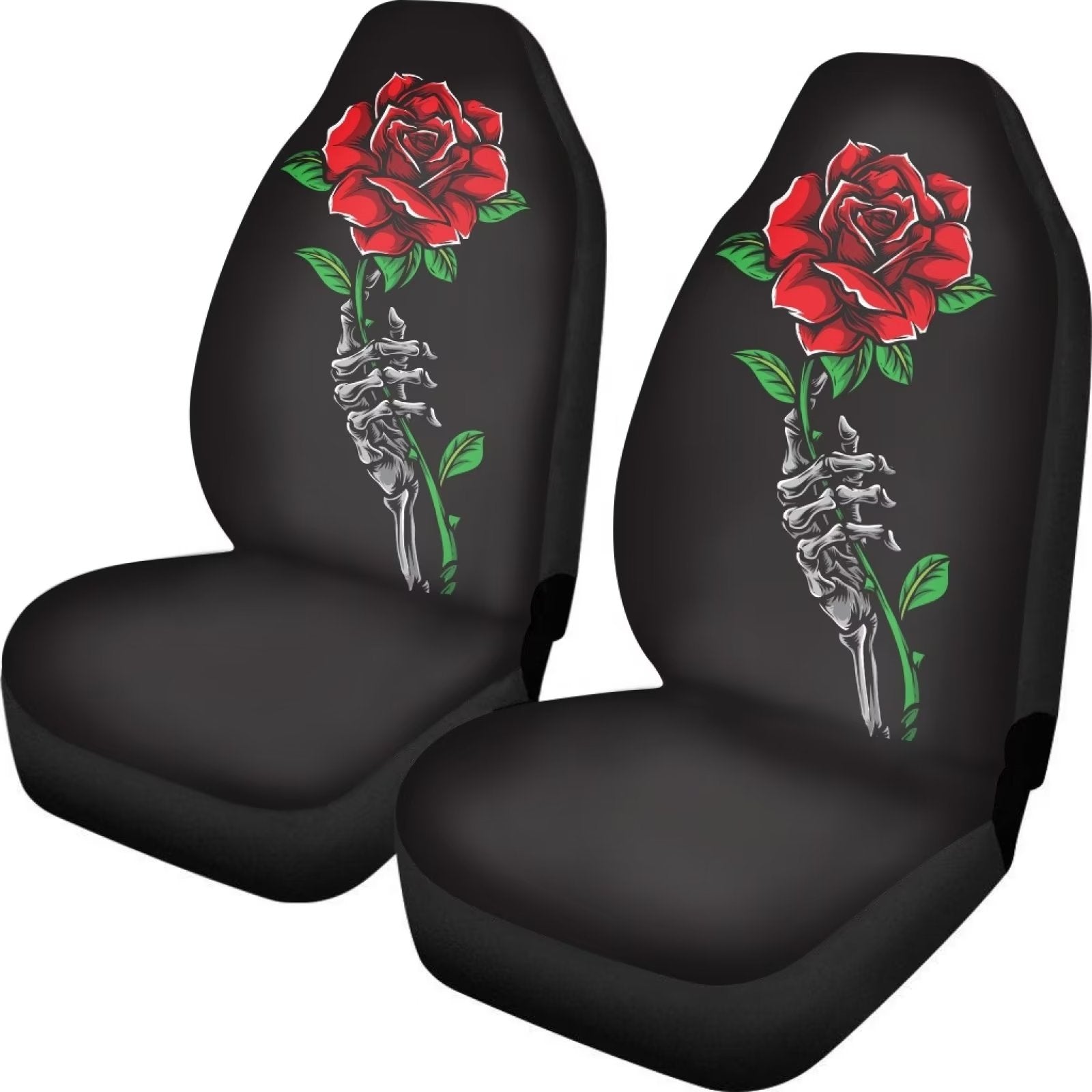 FKELYI Skull Fingers with Red Rose Front Car Seat Coves for Women Men，2 Pcs，Universal for Auto Cars，Stretchy+Anti-Skid Car Front Driving Seat Cushions Protector Covers