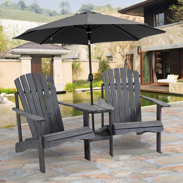 Outsunny Set Of 3 Wooden Adirondack Chairs Outdoor Double Seat With Center Table And Umbrella Hole For Patio Backyard Deck Fire Pit