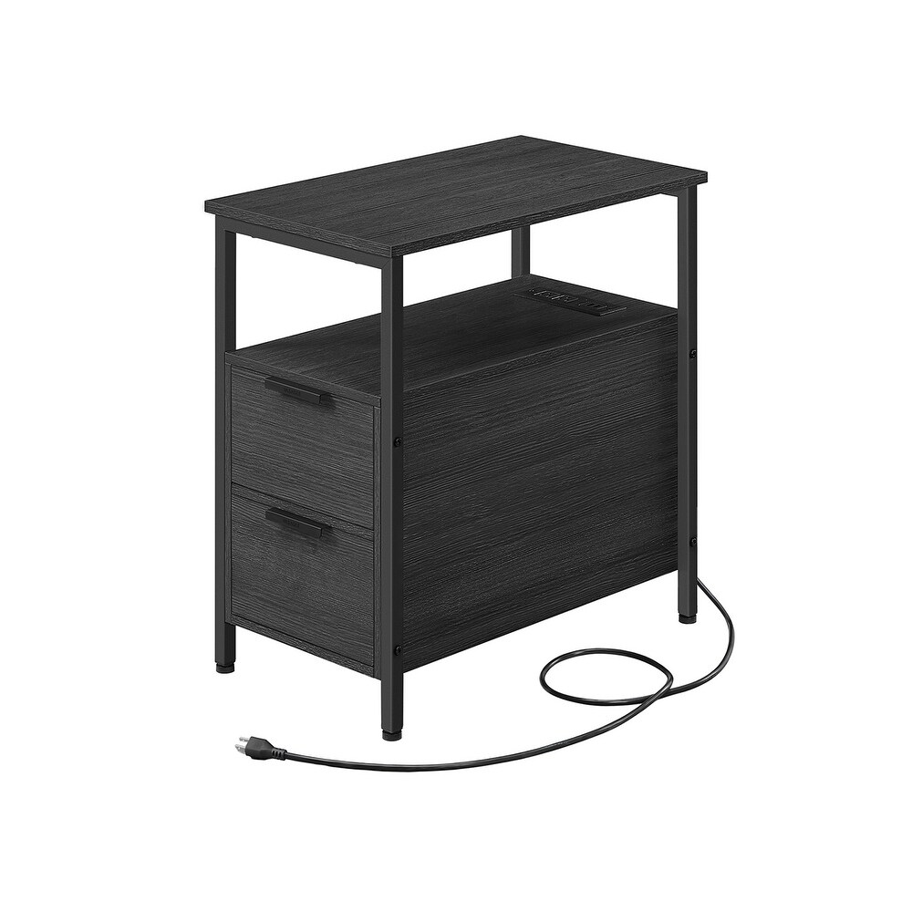 Slim Side Table Nightstand End Table with 2 Drawers and Charging Station for Small Spaces   23.6” x 13.8” x 24”