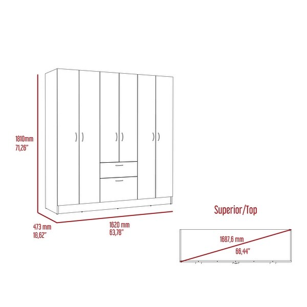 Kibo Six Door Modern Armoire with One Drawer， Rod， Seven Interior Shelves - - 34518437