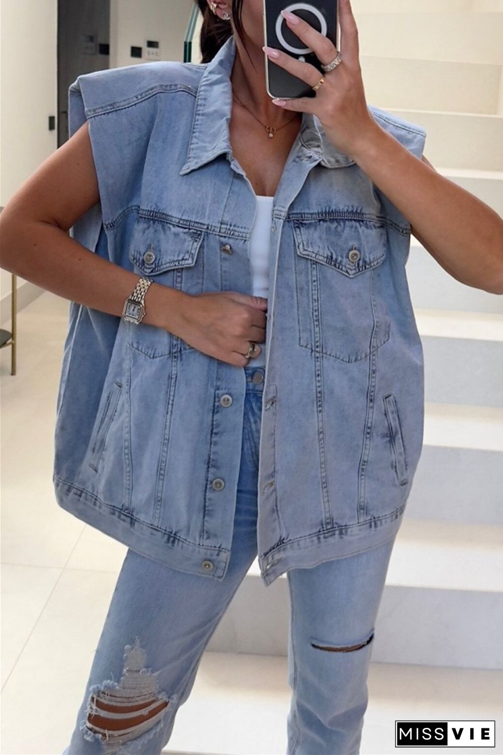 Casual Solid Patchwork Turndown Collar Sleeveless Regular Denim Jacket